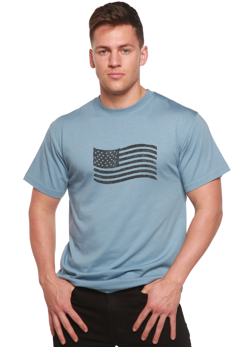 Spun Bamboo American Flag Men's Bamboo Short Sleeve Graphic T-Shirt — detail close-up