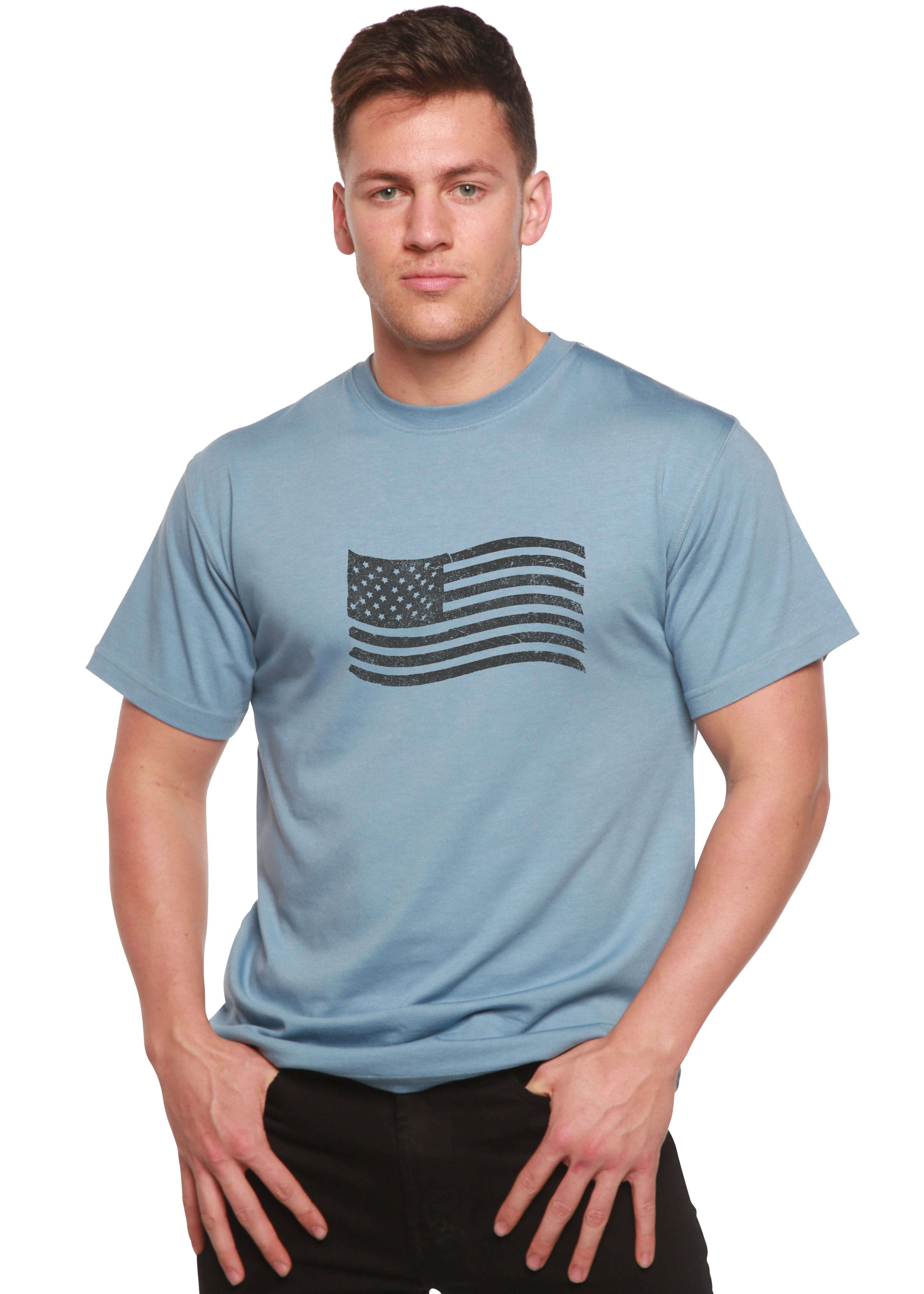 Spun Bamboo American Flag Men's Bamboo Short Sleeve Graphic T-Shirt — detail close-up