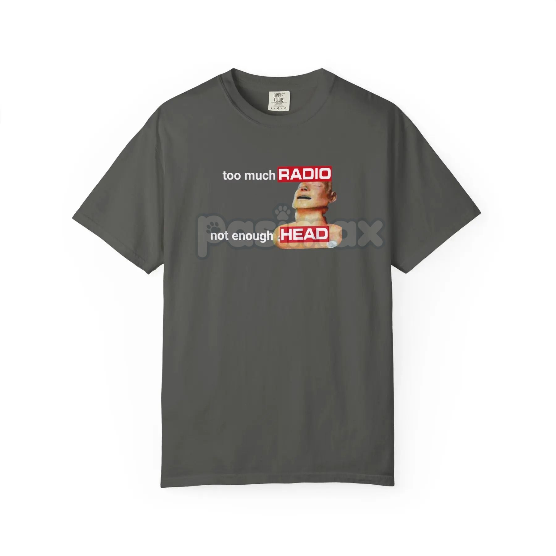 Pasimax Comfort Colors 'Too Much Radio, Not Enough Head' Shirt — detail close-up