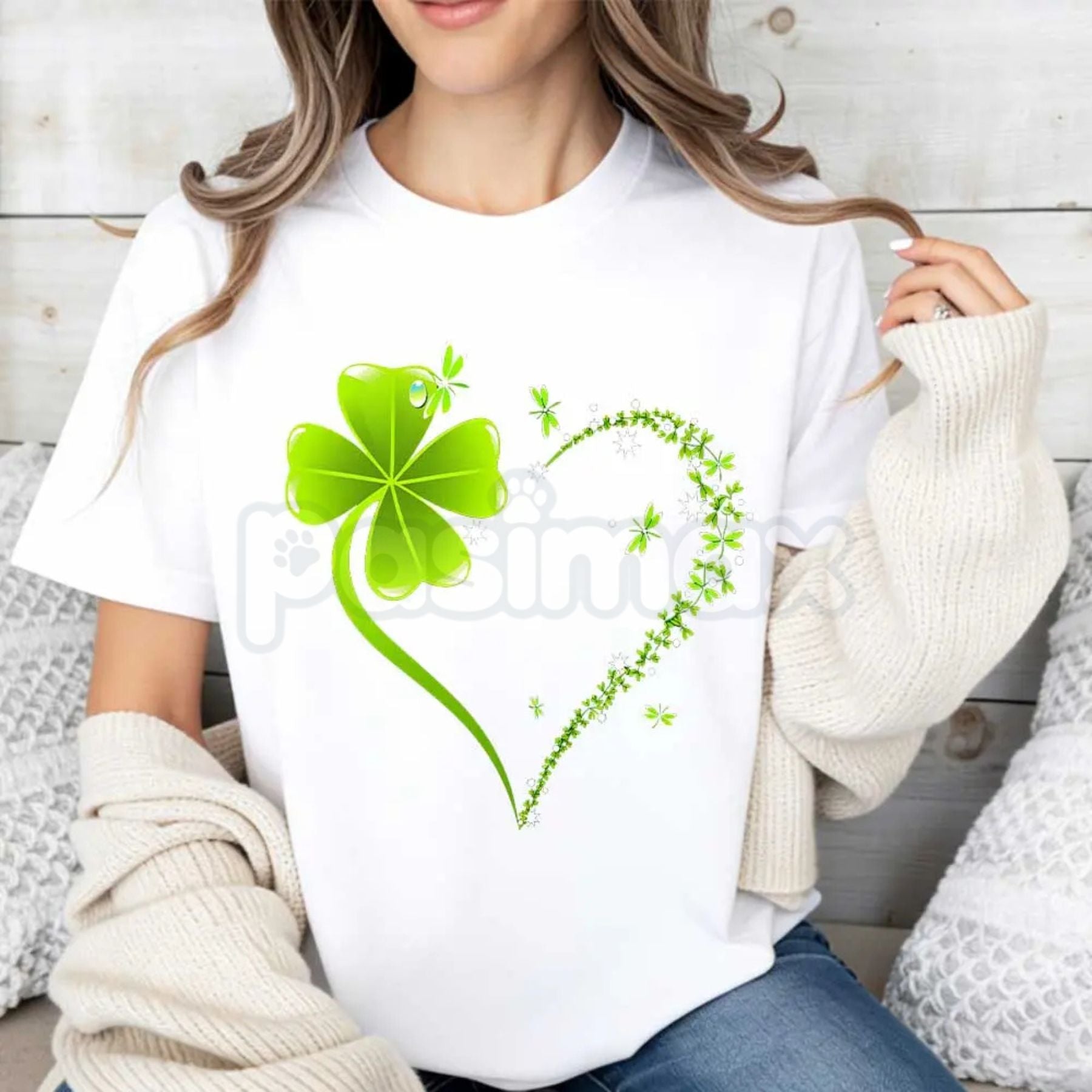 Pasimax Four Leaf Clover Heart St. Patrick's Day T-Shirt - Lucky Clover Heart Graphic Tee, Premium 100% Cotton Crew Neck Cele