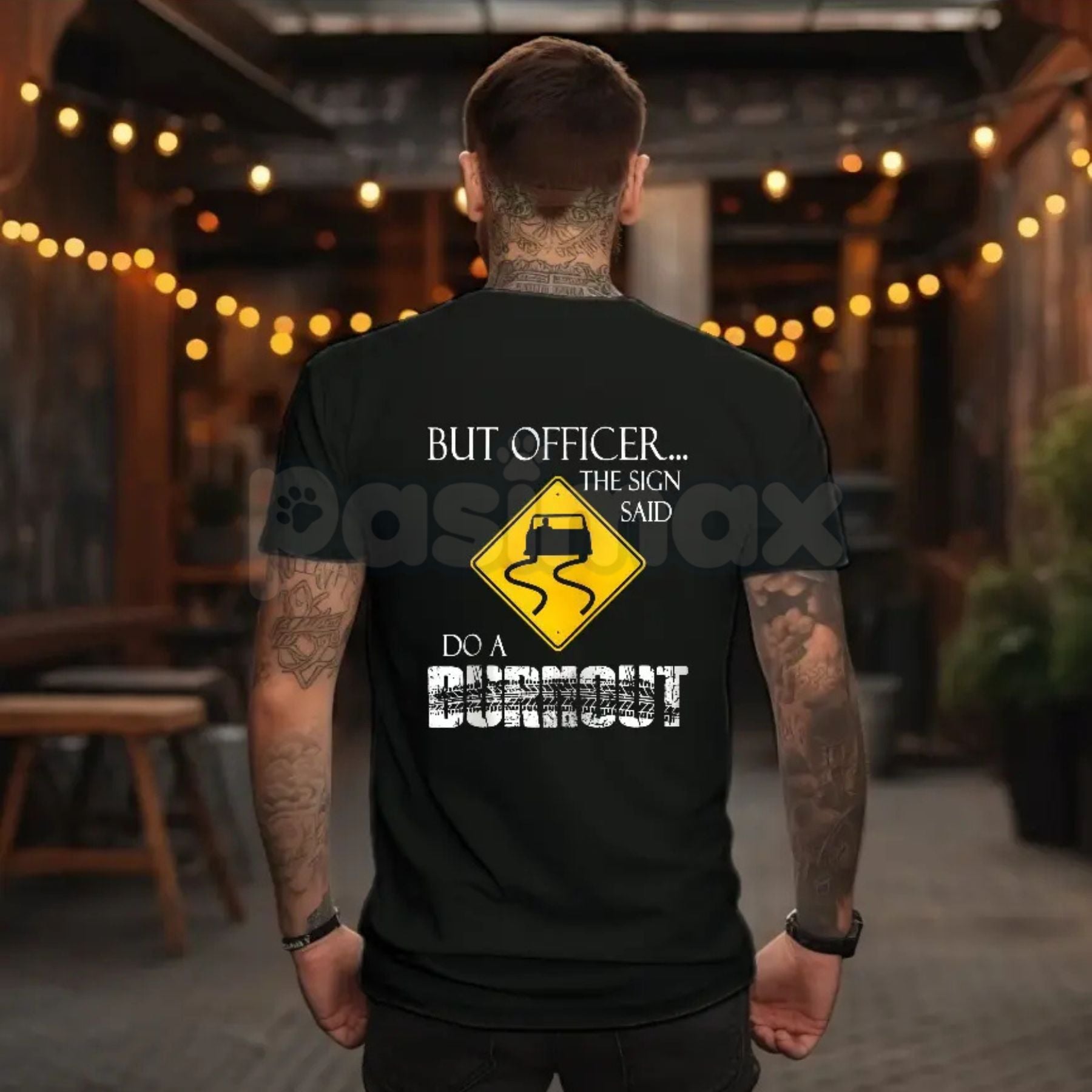 Pasimax "But Officer the Sign Said Do a Burnout" Funny Hoodie – Car Guy Graphic Tee, Sweatshirt & T-Shirt — detail close-up