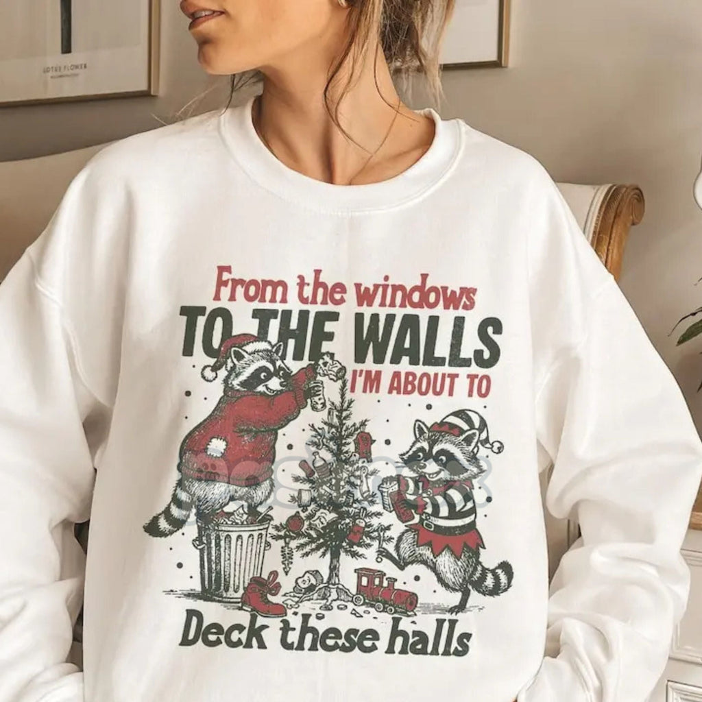 Pasimax "From The Windows To The Walls Deck These Halls" Sweatshirt – Funny Christmas Song Parody Crewneck — detail close-up