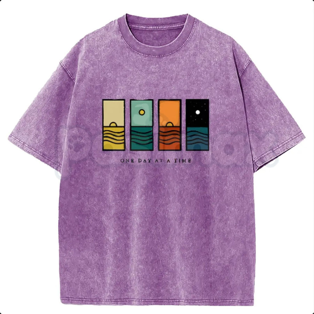 Holafish "One Day At A Time" Graphic T-Shirt – Oversize Acid Wash Vintage Tee, Lightweight Cotton Mindfulness Streetwear