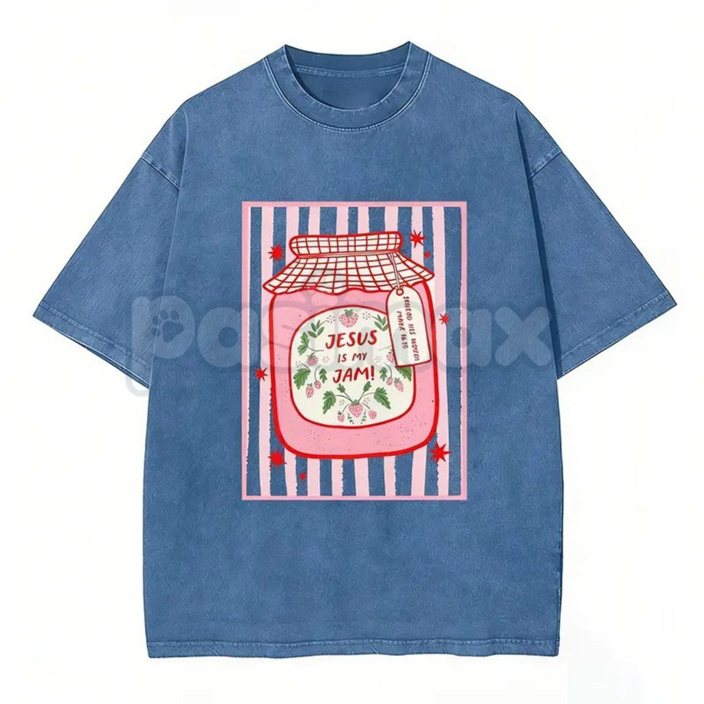 Jesus Is My Jam Strawberry Jam Jar T-Shirt – Pink Washed Christian Graphic Tee, Lightweight "Make His Mercy Known" Faith Top