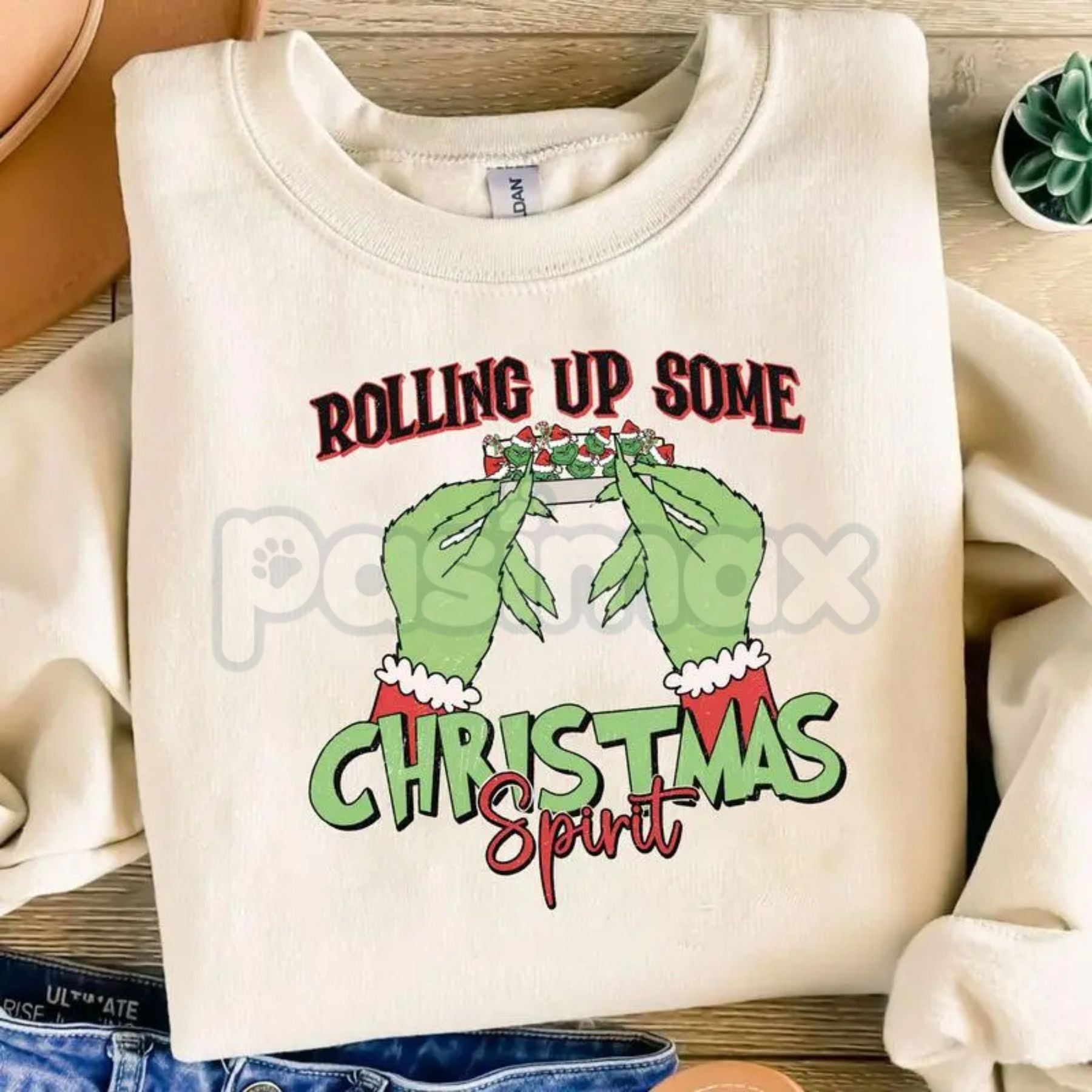 Pasimax "Rolling Up Some Christmas Spirit" Sweatshirt | Funny Laid-Back Holiday Crewneck | Relaxed Xmas Jumper — detail close
