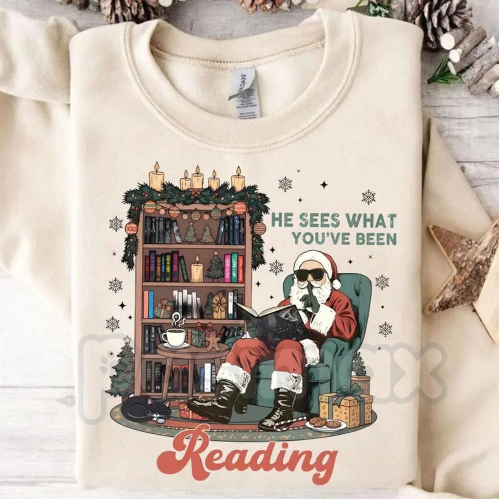 Pasimax He Sees What You've Been Reading Shirt Sweatshirt | Funny Book Lover Holiday Jumper | Santa Surveillance Reading Gift