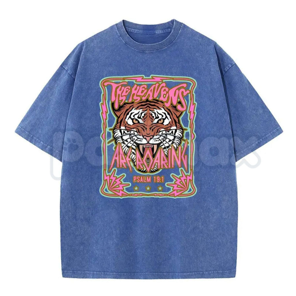 Wayii Fashion The Heavens Roaring Tiger T-Shirt – Unisex Acid Wash Vintage Graphic Tee, Lightweight Retro Cotton Streetwear Top