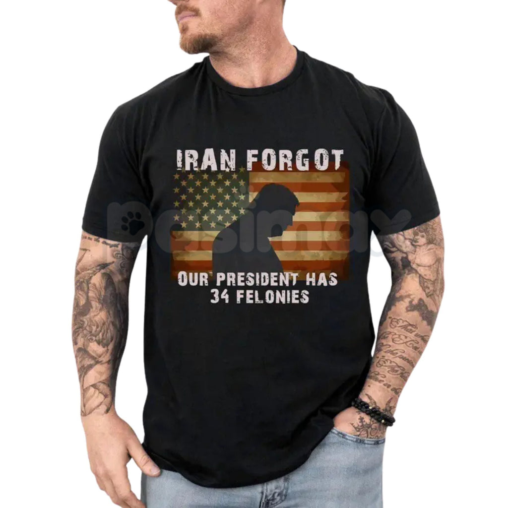 Pasimax "FORGOT OUR PRESIDENT, Has 34 Felonies" T-Shirt - Funny Political Satire Graphic Tee, Premium 100% Cotton Patriotic H
