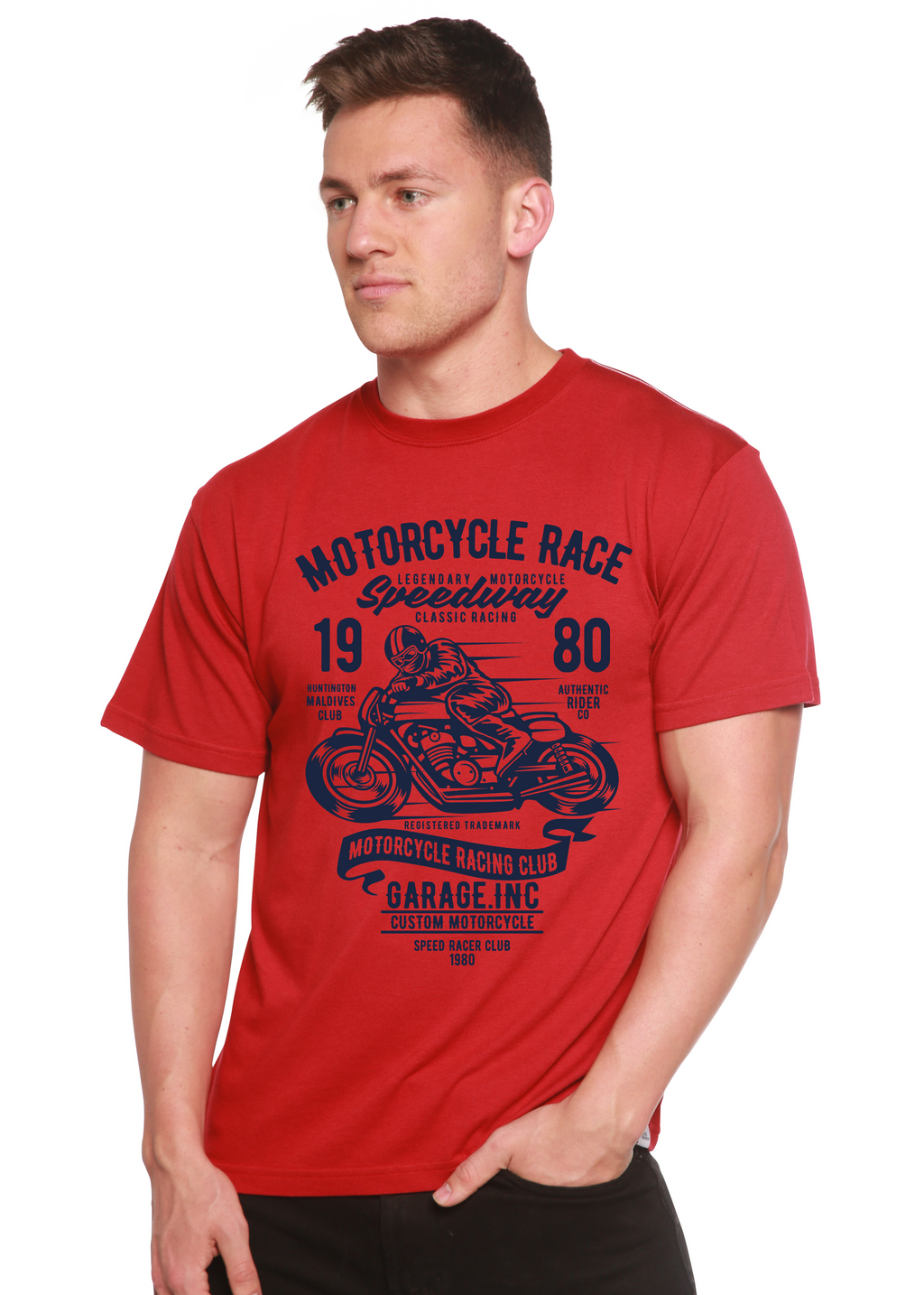 Spun Bamboo Motorcycles Race Men's Bamboo Viscose/Organic Cotton Short Sleeve Graphic T-Shirt — back view