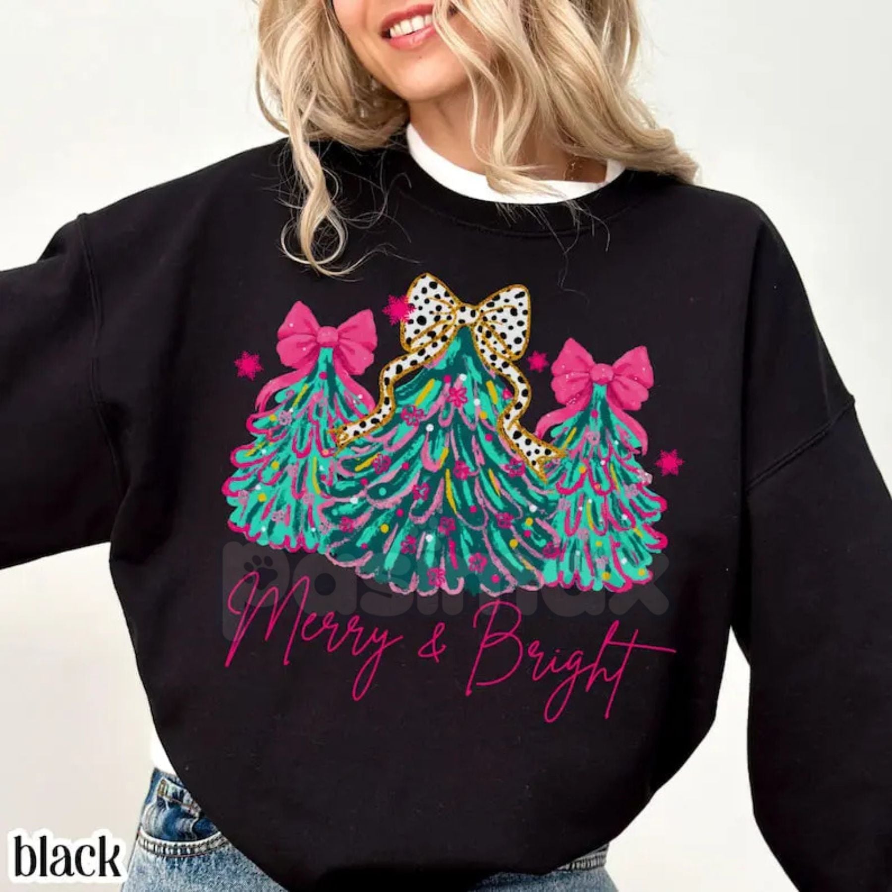 Pasimax The Pink Christmas Aesthetic: "Merry & Bright" Tree Sweatshirt with Festive Lights & Bows — detail close-up
