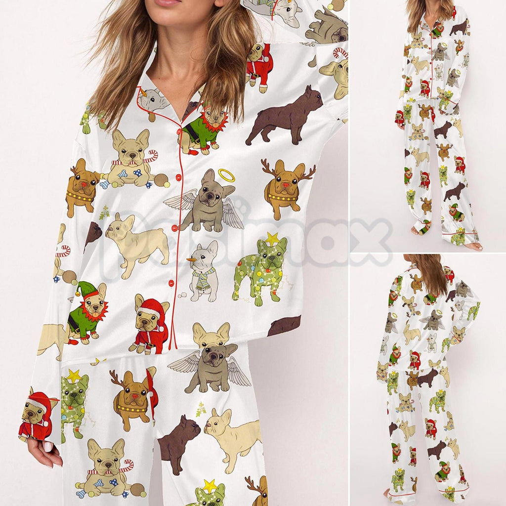 Pasimax Christmas French Bulldog Satin Pajama Set for Women - Comfy Silky Sleepwear & Loungewear PJs — detail close-up