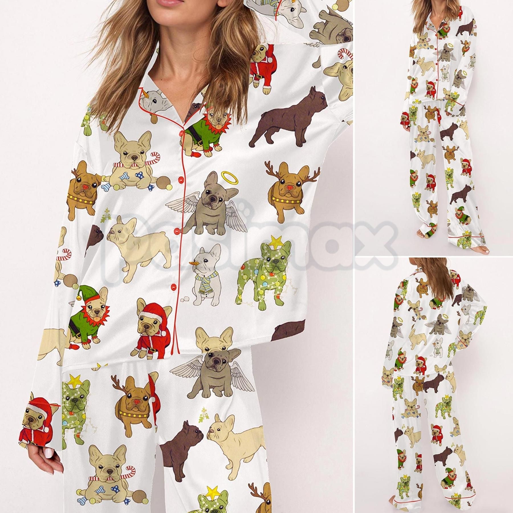 Pasimax Christmas French Bulldog Satin Pajama Set for Women - Comfy Silky Sleepwear & Loungewear PJs — detail close-up