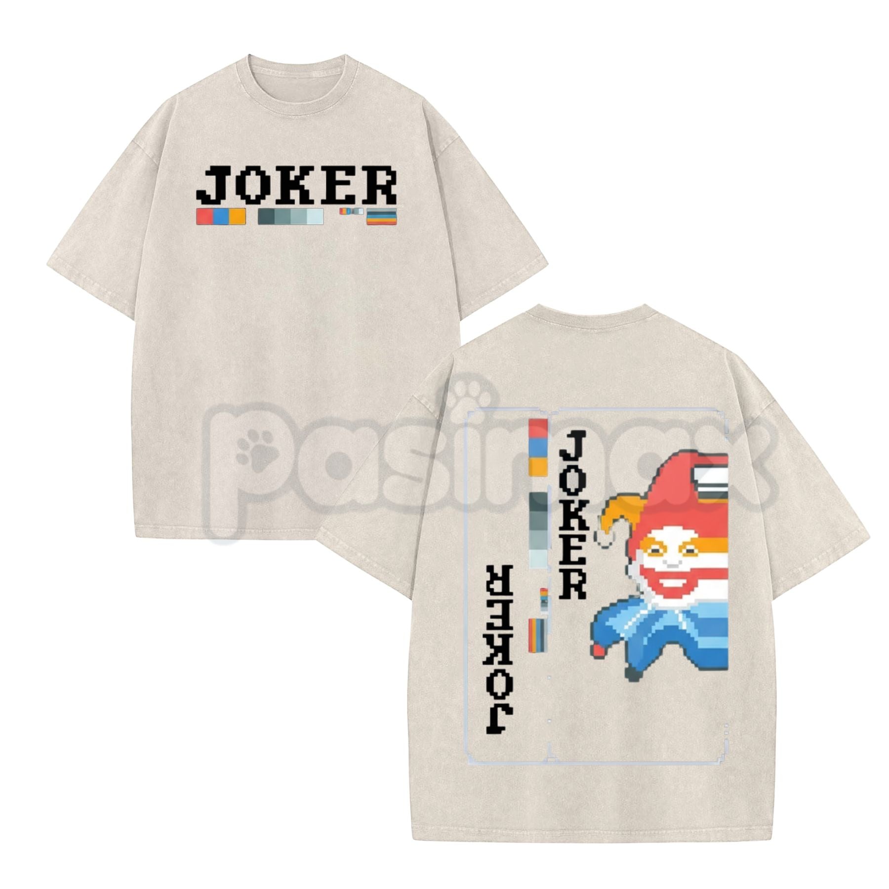 Pasimax Balatro Misprint Joker Graphic Tee – Oversized Pixel Art T-Shirt, Vintage Washed Retro Gaming Merch — detail close-up