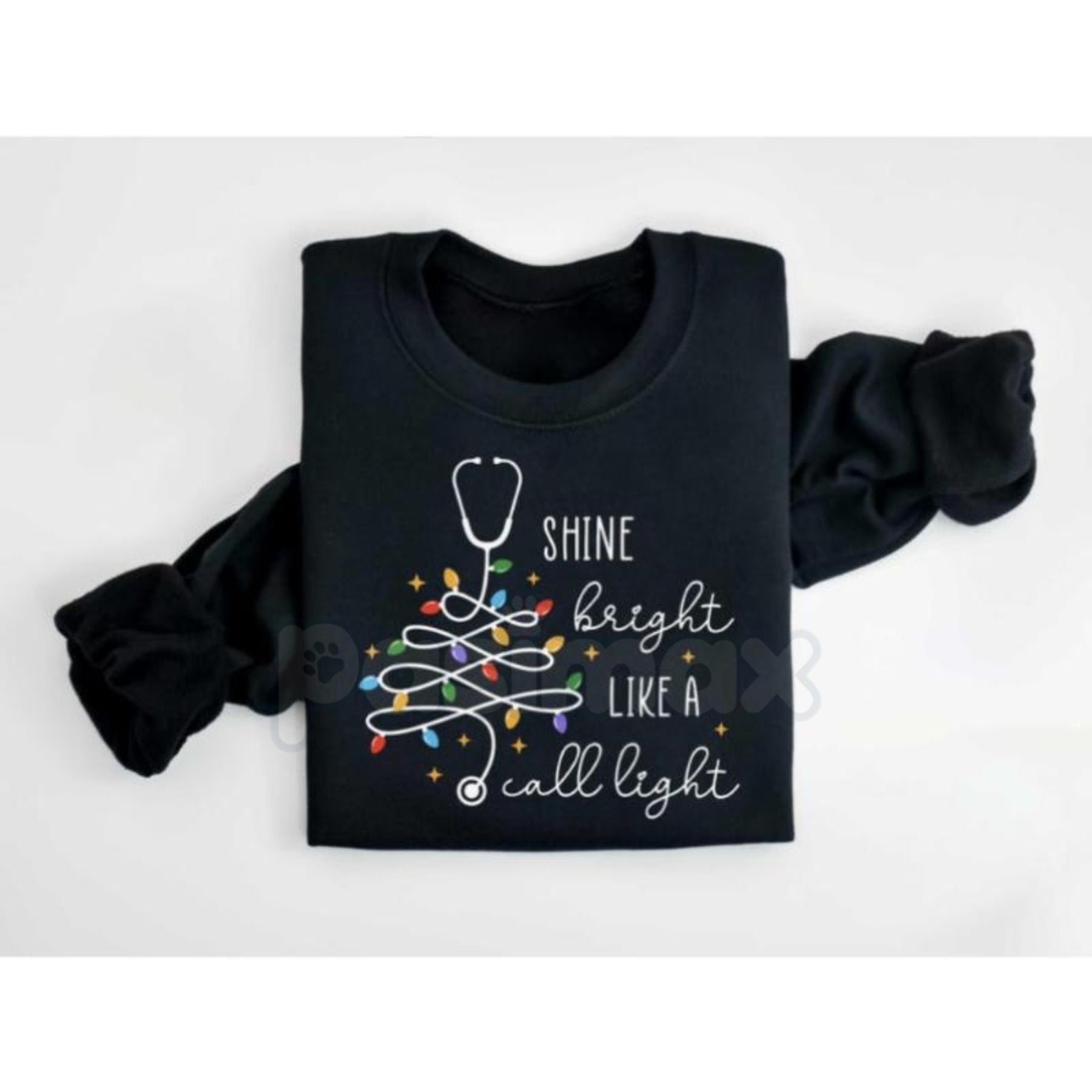 Pasimax Shine Bright Like A Call Light Sweatshirt – Funny Nurse, Doctor, or Healthcare Worker Gift — detail close-up