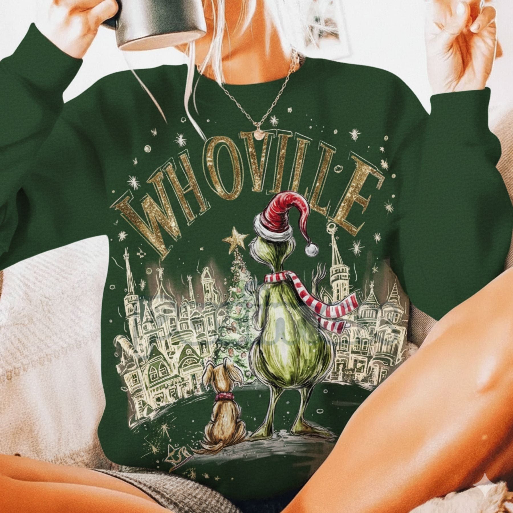 Pasimax Retro Grinchmas Christmas Sweatshirt – Vintage Holiday Movie Pullover for Grinch Fans — detail close-up
