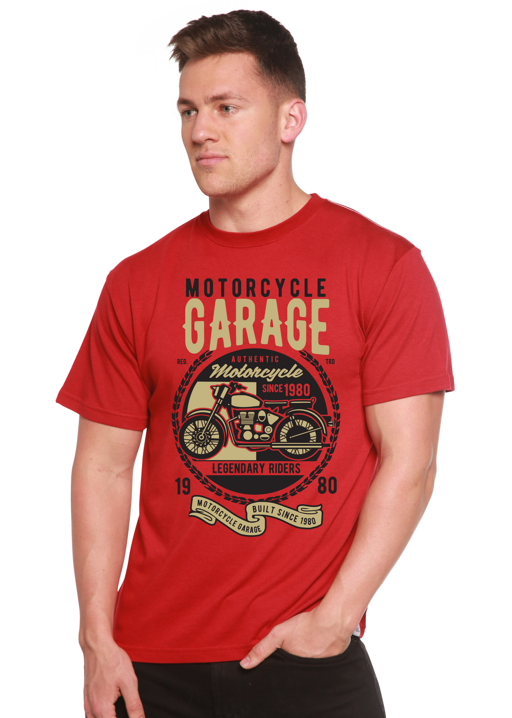 Spun Bamboo Motorcycle Garage Men's Bamboo Viscose/Organic Cotton Short Sleeve Graphic T-Shirt — side view