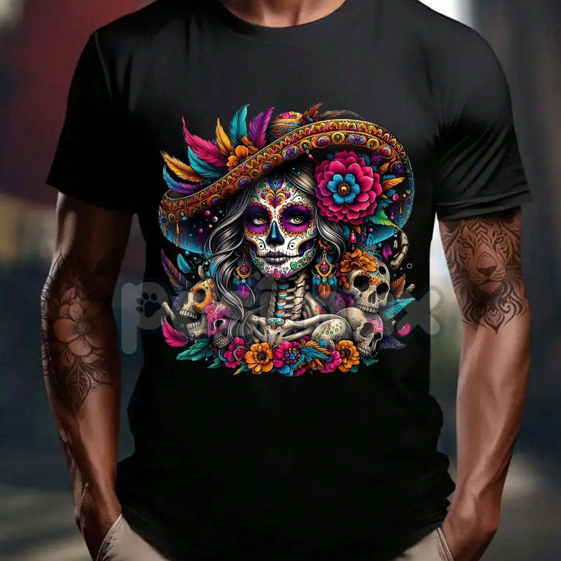 Pasimax La Catrina T-Shirt - Unisex Día de Muertos Sugar Skull Tee, Elegant Day of the Dead Women's Graphic — detail close-up