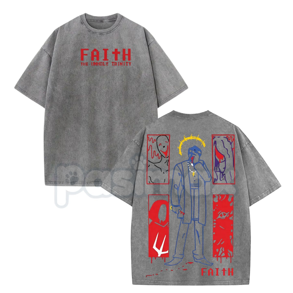 Pasimax FAITH Horror Game Vintage Washed Tee – 8-Bit Retro Unholy Trinity Heavyweight Cotton T-Shirt — detail close-up