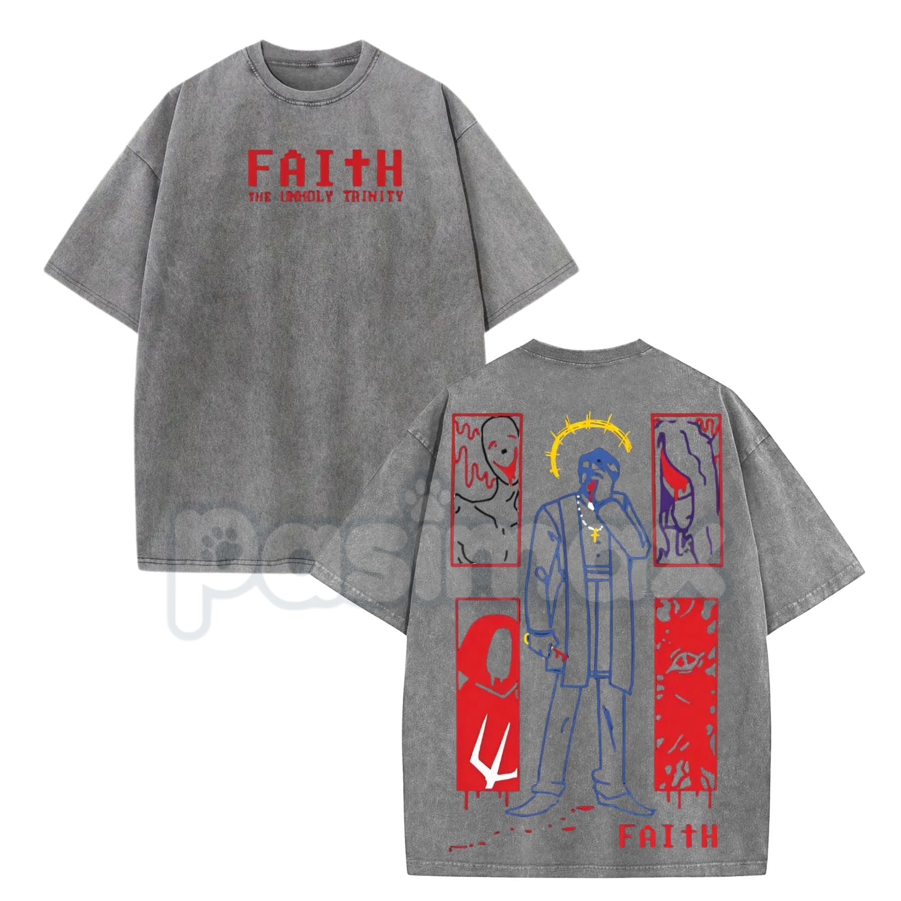 Pasimax FAITH Horror Game Vintage Washed Tee – 8-Bit Retro Unholy Trinity Heavyweight Cotton T-Shirt — detail close-up