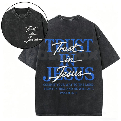 Trust in Jesus T-Shirt – Psalm 37:5 Bible Verse Christian Graphic Tee, Oversized Vintage Washed Lightweight Cotton Faith Shirt