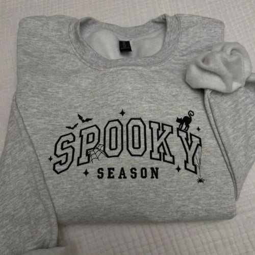 Spooky Season Halloween Cat Bats Spiderweb Embroidered Spooky Season Sweatshirt
