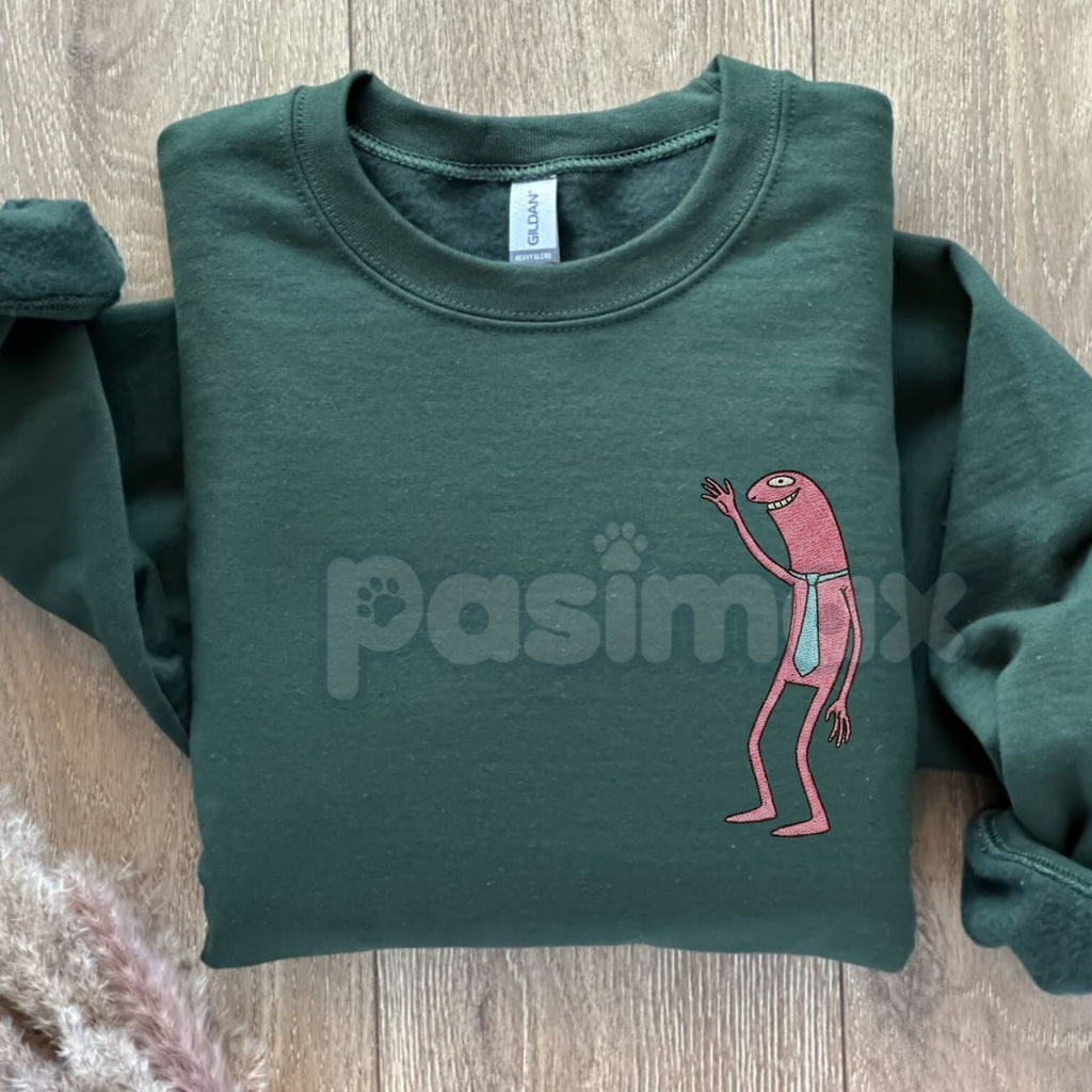 Pasimax Pim & Charlie Smiling Friends Embroidered Crewneck – Funny Animation Sweatshirt — detail close-up