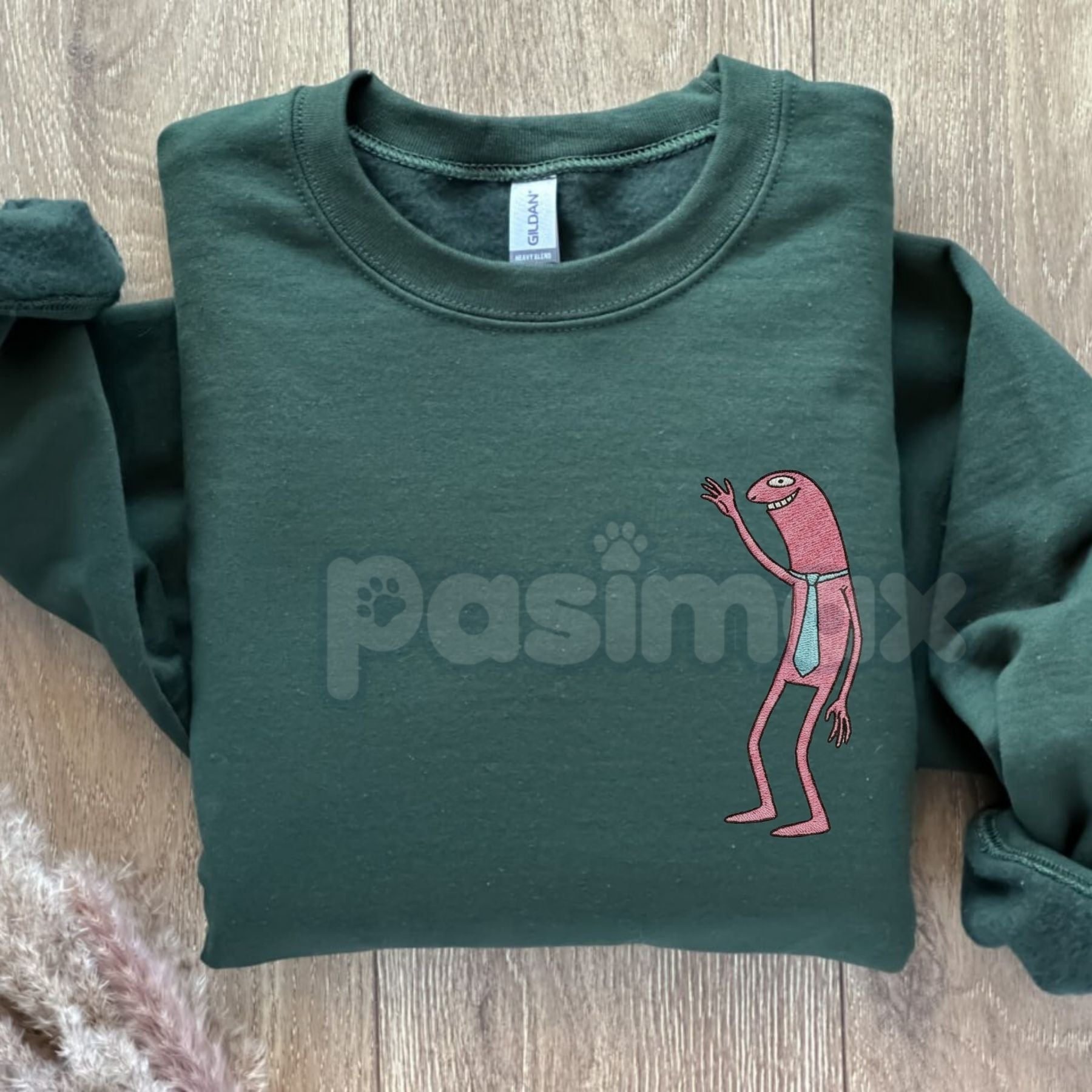 Pasimax Pim & Charlie Smiling Friends Embroidered Crewneck – Funny Animation Sweatshirt — detail close-up