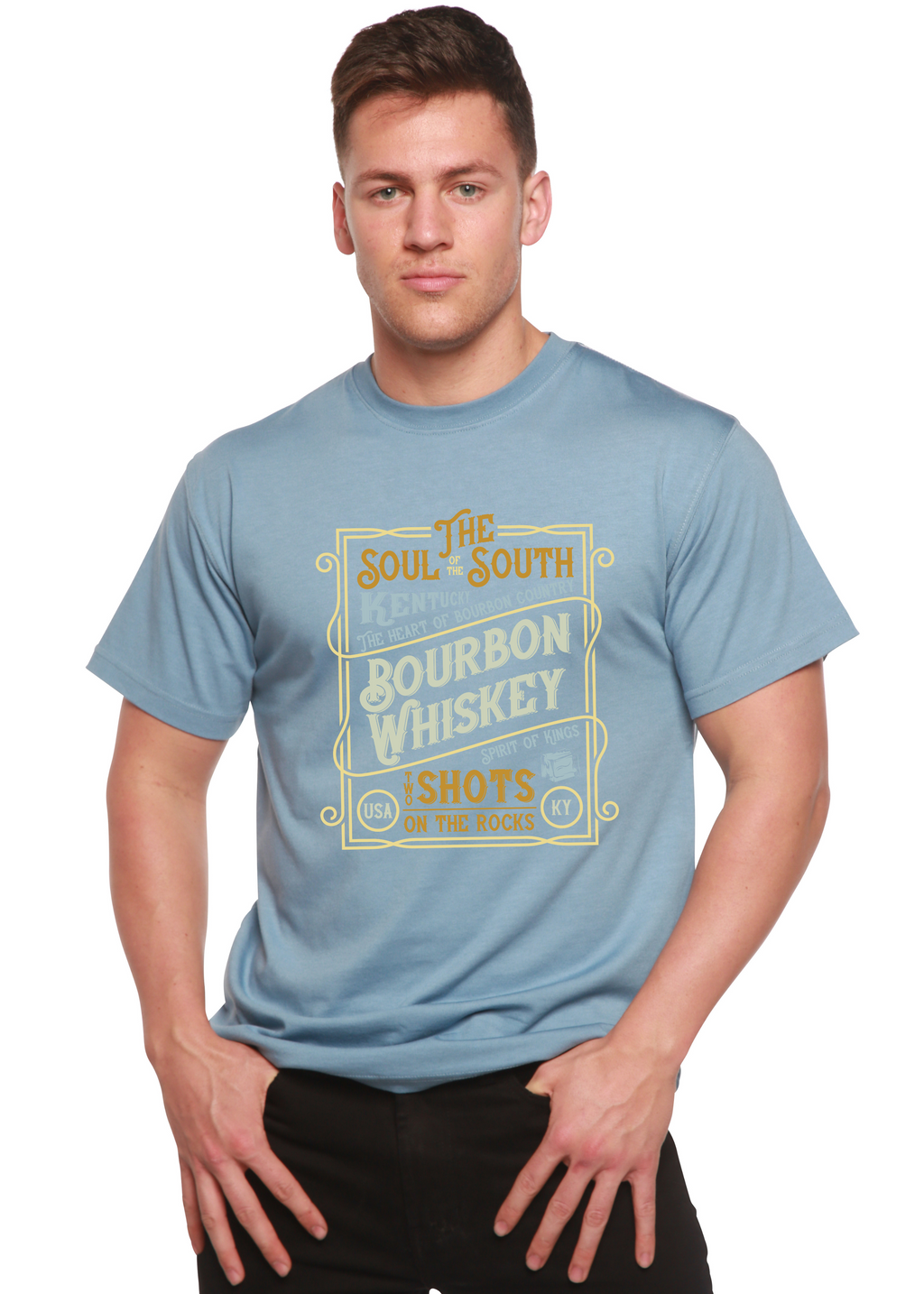 Spun Bamboo Bourbon Whiskey Men's Bamboo Viscose/Organic Cotton Short Sleeve Graphic T-Shirt — in-use photo