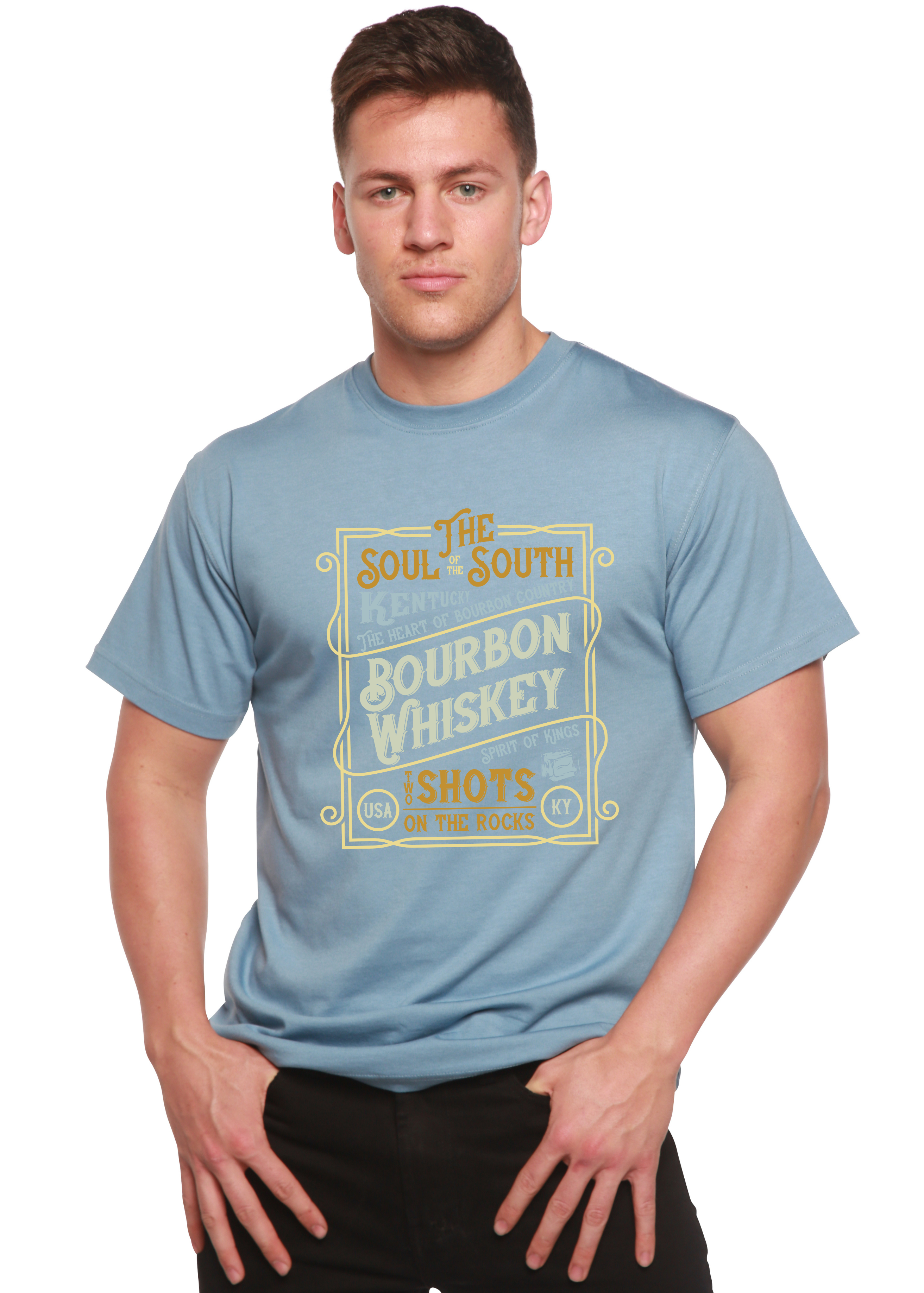 Spun Bamboo Bourbon Whiskey Men's Bamboo Viscose/Organic Cotton Short Sleeve Graphic T-Shirt — in-use photo