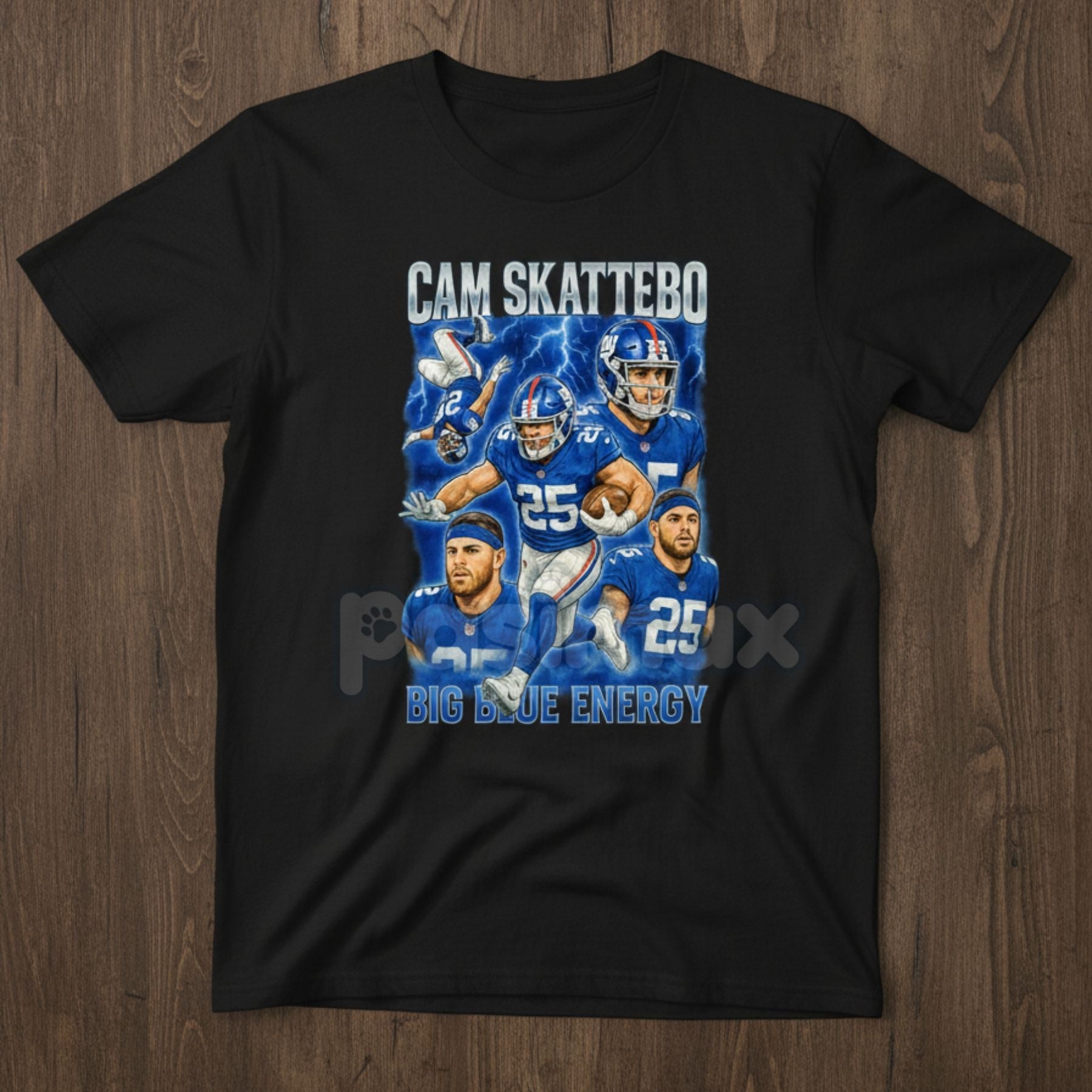 Pasimax Cam Skattebo "Big Blue Energy" T-Shirt - New York Giants '90s Rap Tribute Tee, Unisex Bootleg RB Graphic — detail clo