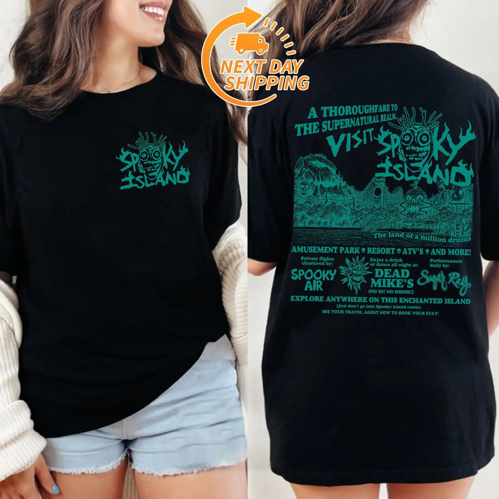 Pasimax Spooky Island Ghost Town Halloween Shirt — detail close-up