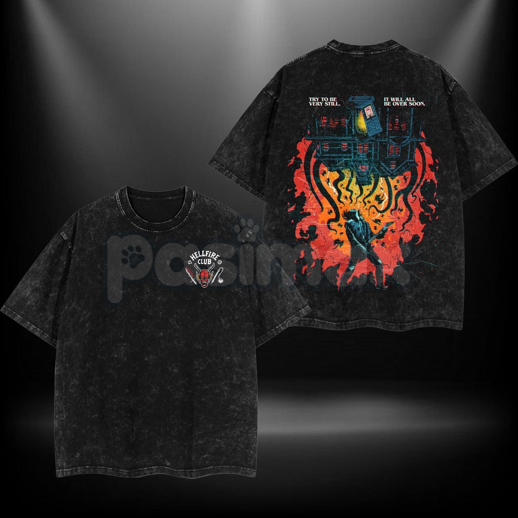 Pasimax Eddie Munson Hellfire Club T-Shirt – Double Printed Acid Washed Oversize Tee, Stranger Things Inspired — detail close