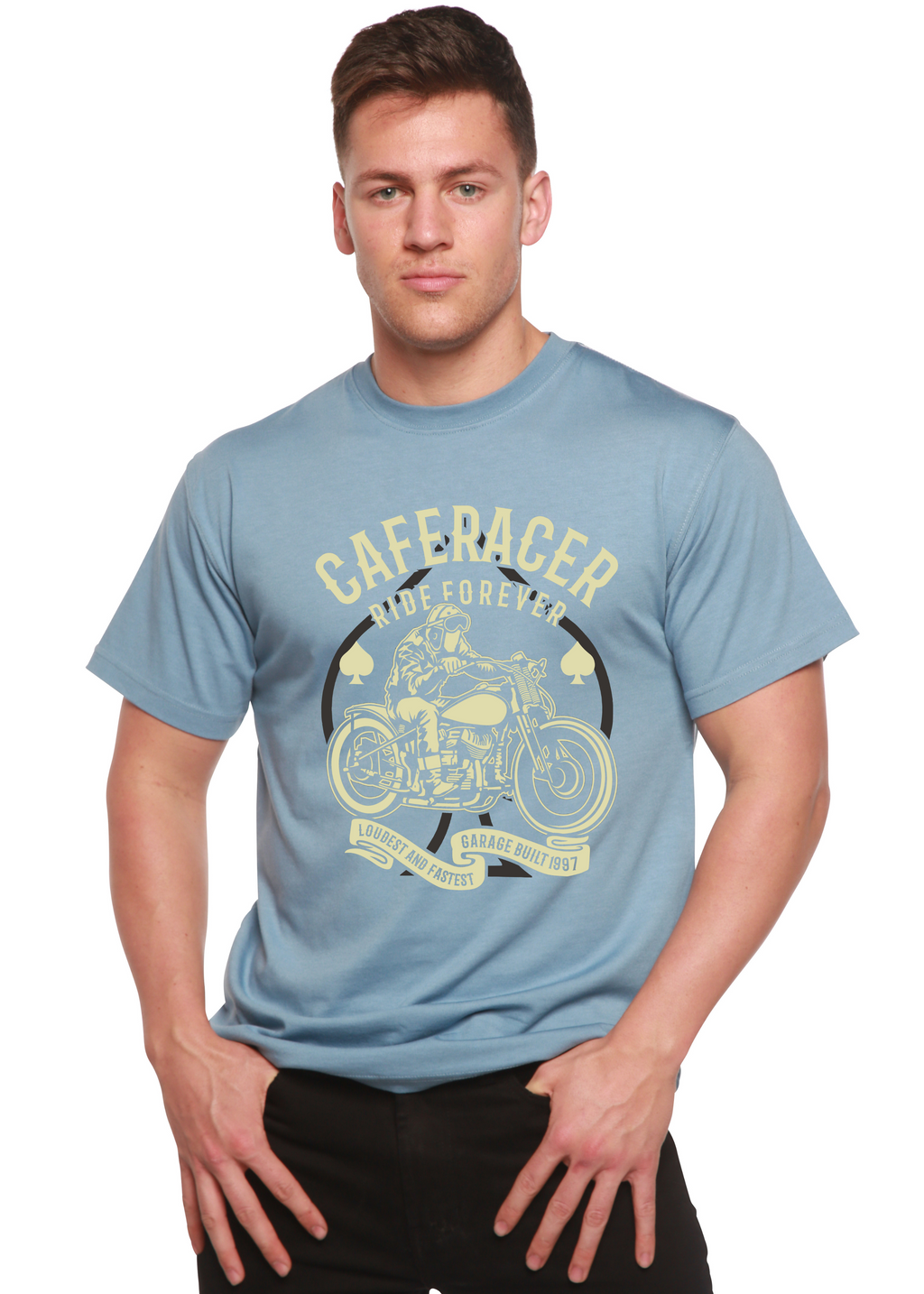 Spun Bamboo Caferacer Ride Forever Men's Bamboo Viscose/Organic Cotton Short Sleeve Graphic T-Shirt — back view