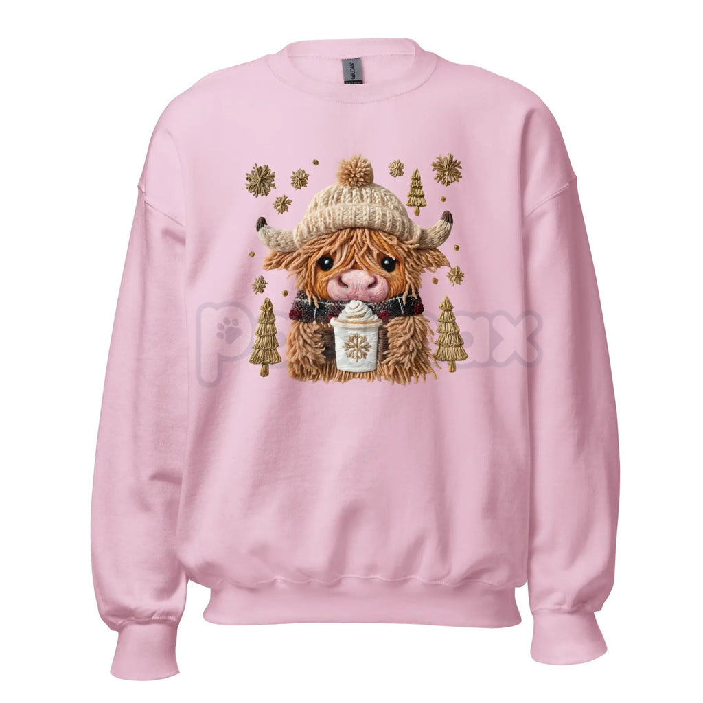 Pasimax Hazel the Highland Cow Crewneck Sweatshirt | Cute Hairy Coo Graphic Top | Farm Animal Unisex Sweater — detail close-u