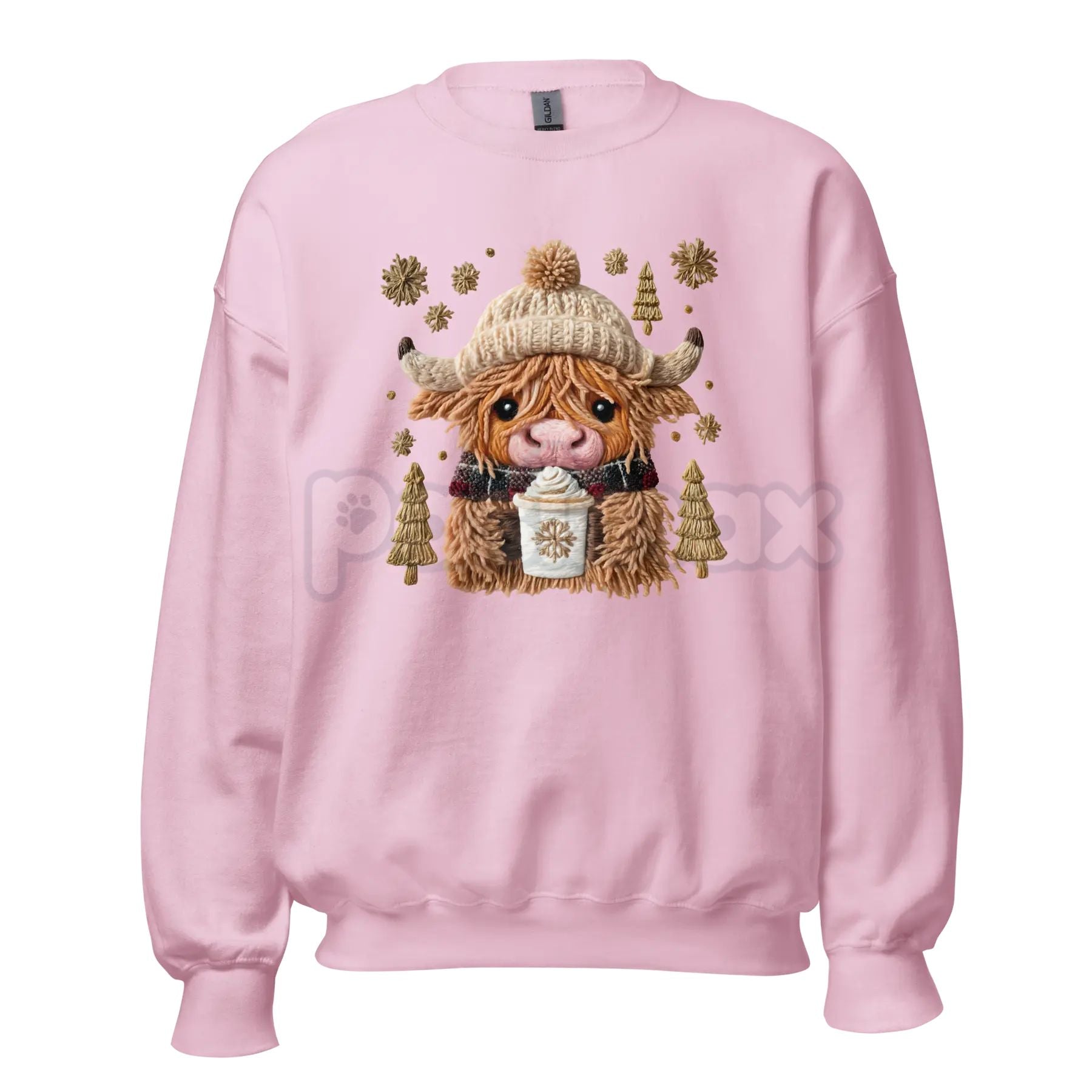 Pasimax Hazel the Highland Cow Crewneck Sweatshirt | Cute Hairy Coo Graphic Top | Farm Animal Unisex Sweater — detail close-u