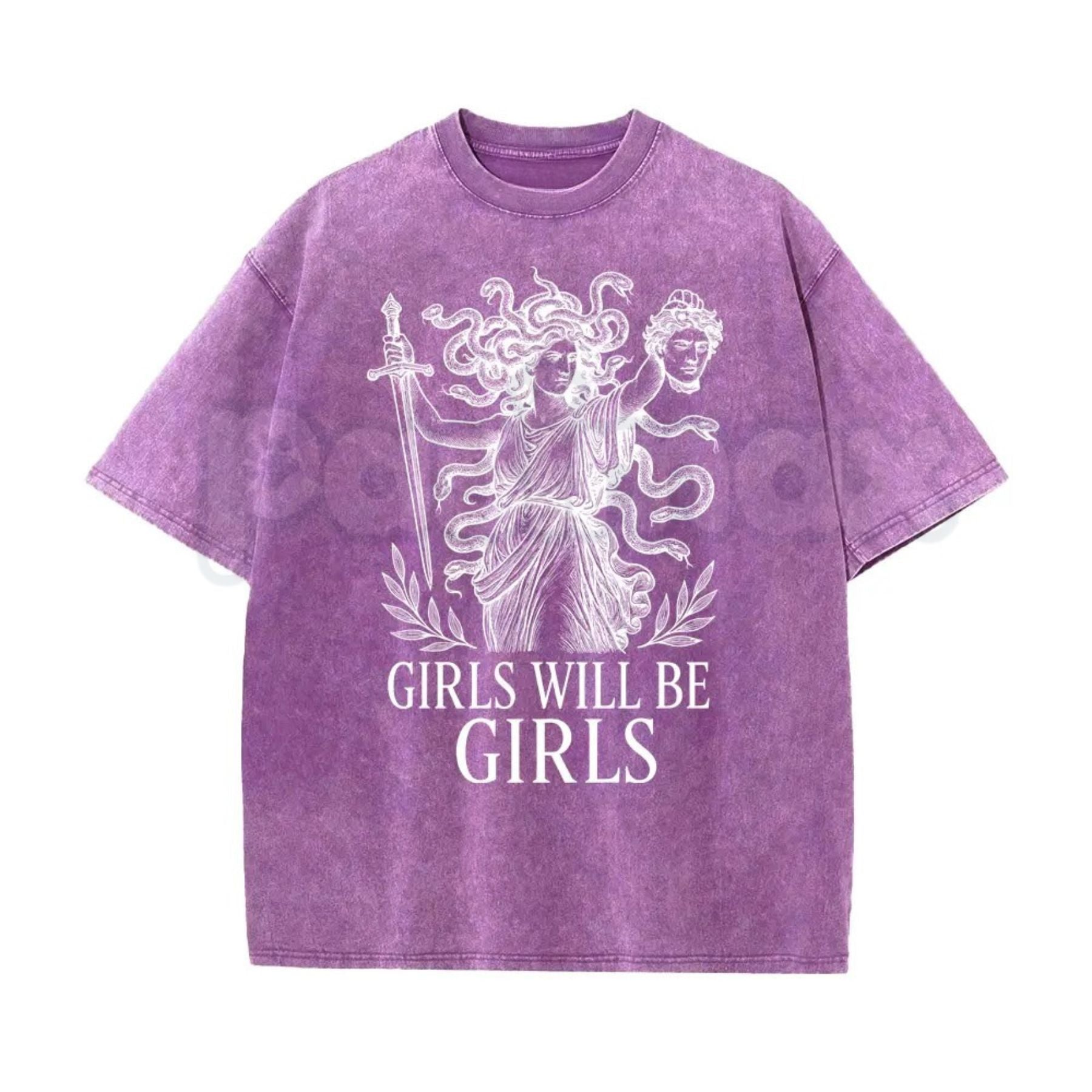 Girls Will Be Girls Medusa T-Shirt – Oversize Unisex Washed Graphic Tee, Lightweight Retro Greek Mythology Streetwear