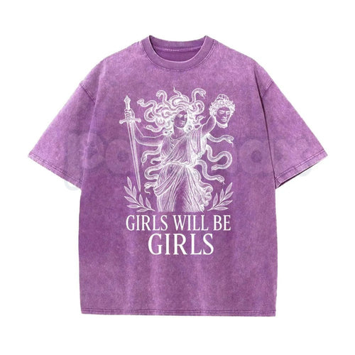 Girls Will Be Girls Medusa T-Shirt – Oversize Unisex Washed Graphic Tee, Lightweight Retro Greek Mythology Streetwear