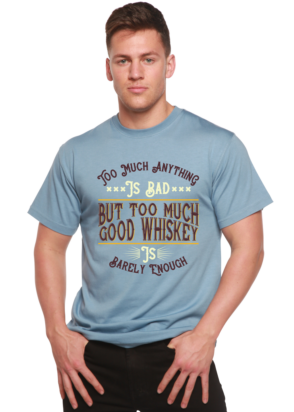 Spun Bamboo But Too Much Good Whiskey Men's Bamboo Viscose/Organic Cotton Short Sleeve Graphic T-Shirt — lifestyle context