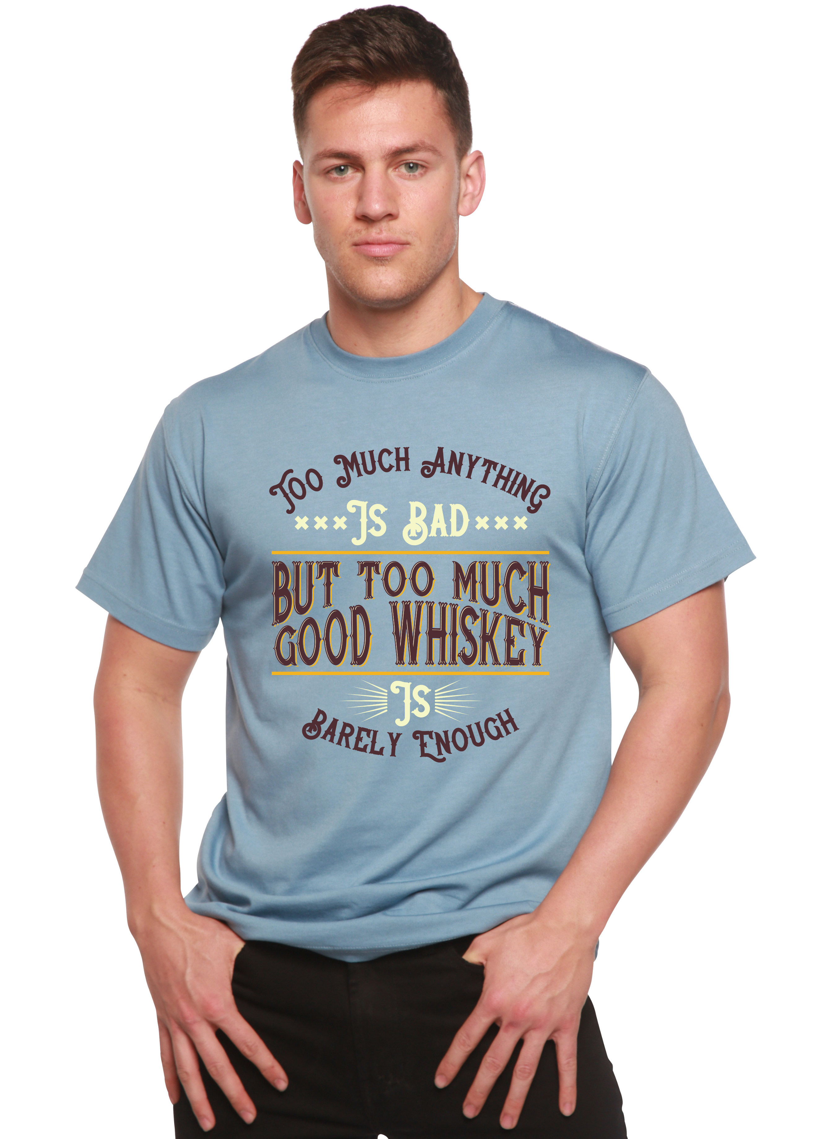 Spun Bamboo But Too Much Good Whiskey Men's Bamboo Viscose/Organic Cotton Short Sleeve Graphic T-Shirt — lifestyle context
