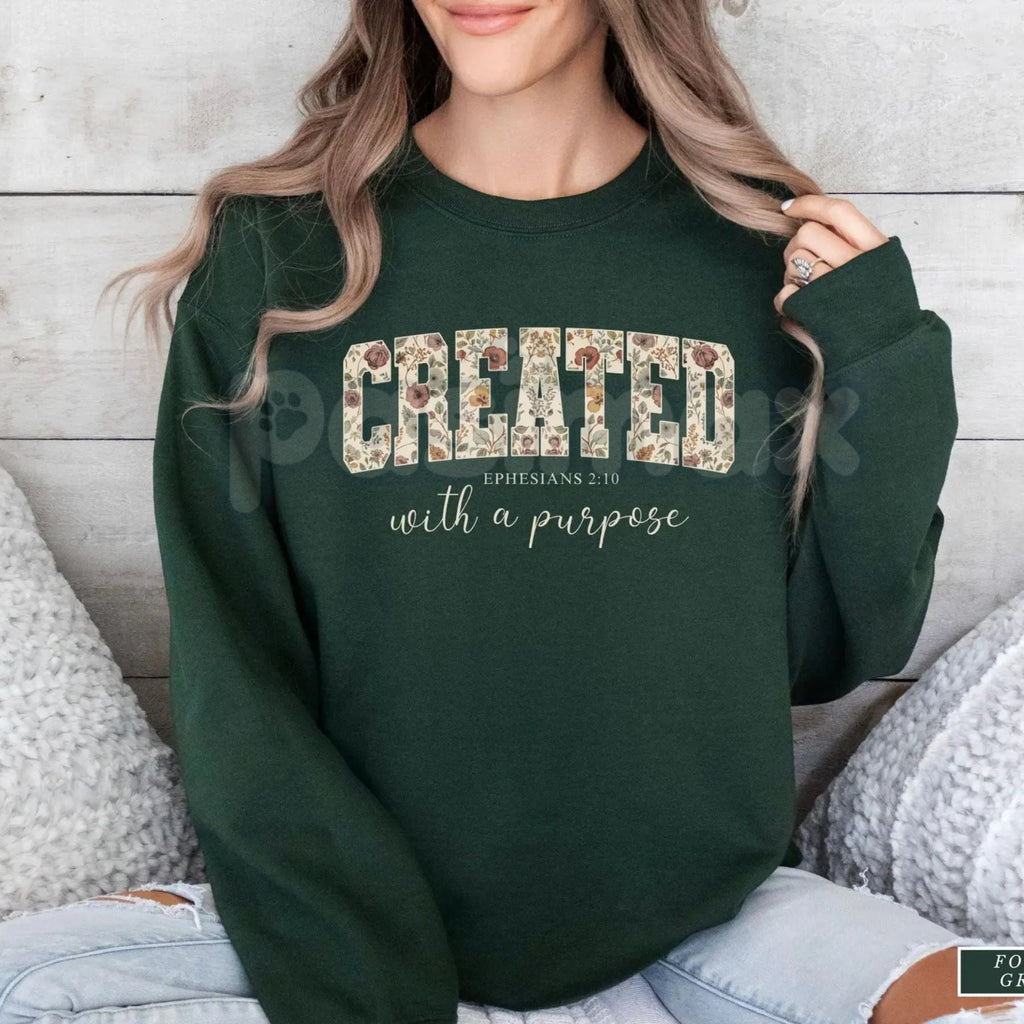 Pasimax Created with a Purpose Floral Sweatshirt | Inspirational Affirmation Jumper | Motivational Flower Graphic Crewneck | 