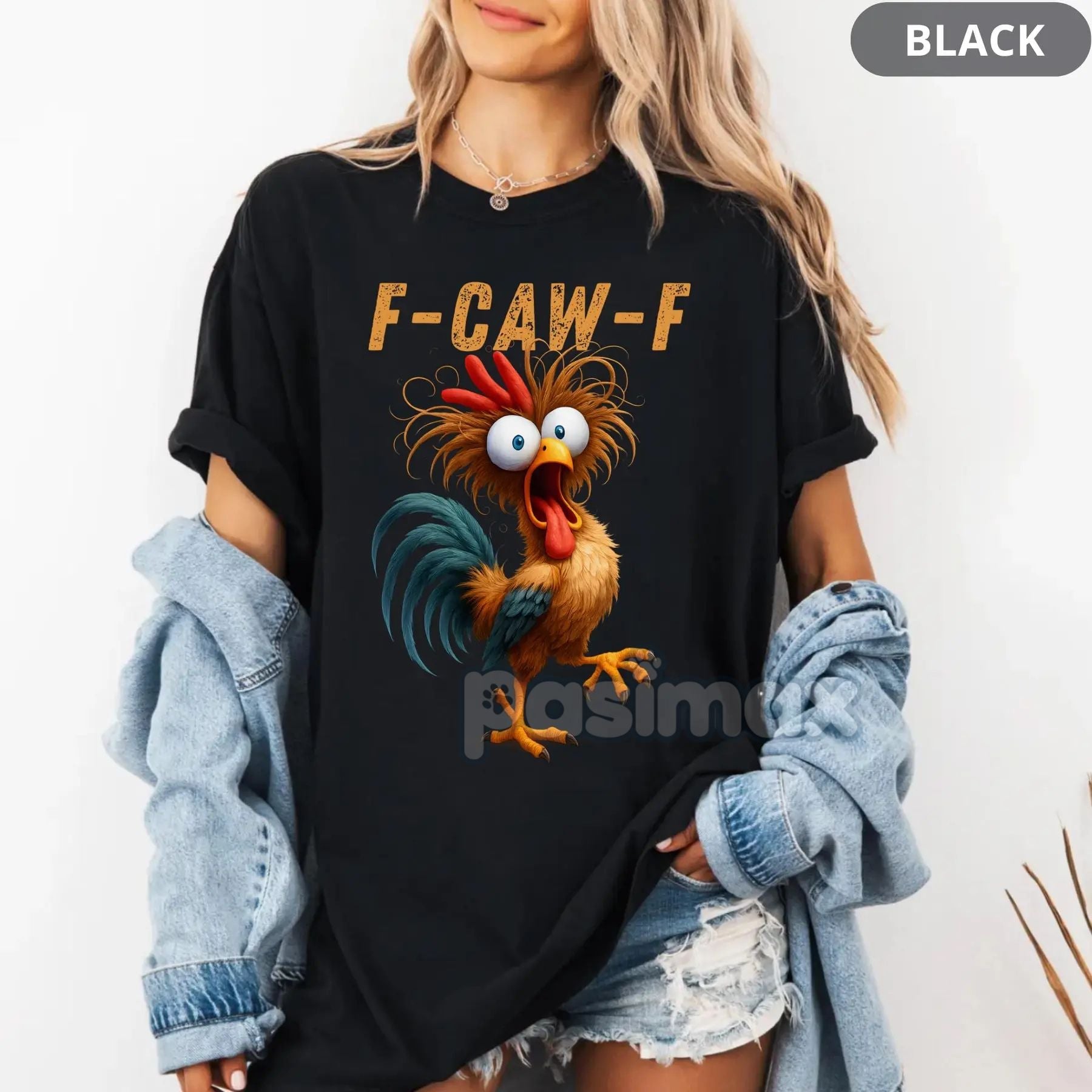 Pasimax "F-CAW-F" Funny Rooster Meme T-Shirt — detail close-up