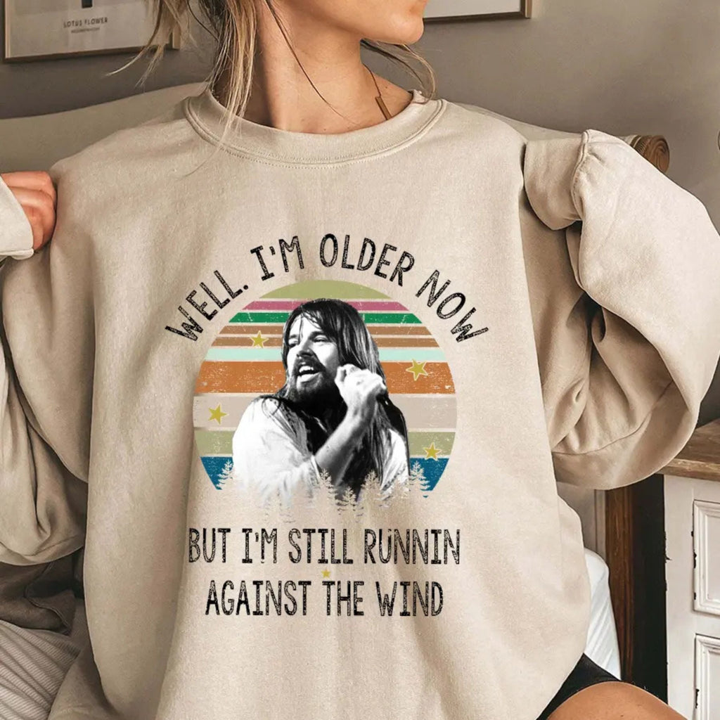 Pasimax Bob Seger "Well I'm Older Now" Sweatshirt – Vintage Running Quotes Top — detail close-up