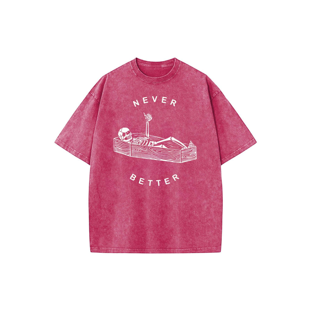 Pasimax "Never Better" Skeleton Round Neck Acid Washed T-Shirt — detail close-up