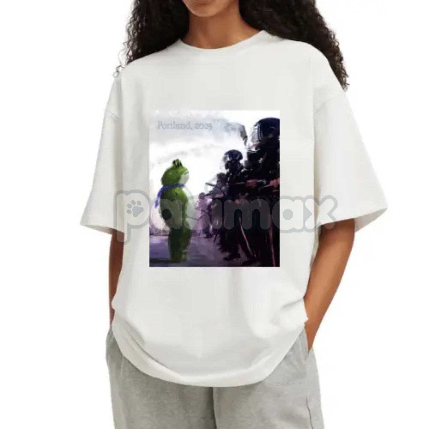 Pasimax "I Stand With Frog" Portland Protest T-Shirt - Artistic Activist Graphic Tee, Unisex Frog Resist Apparel — detail clo