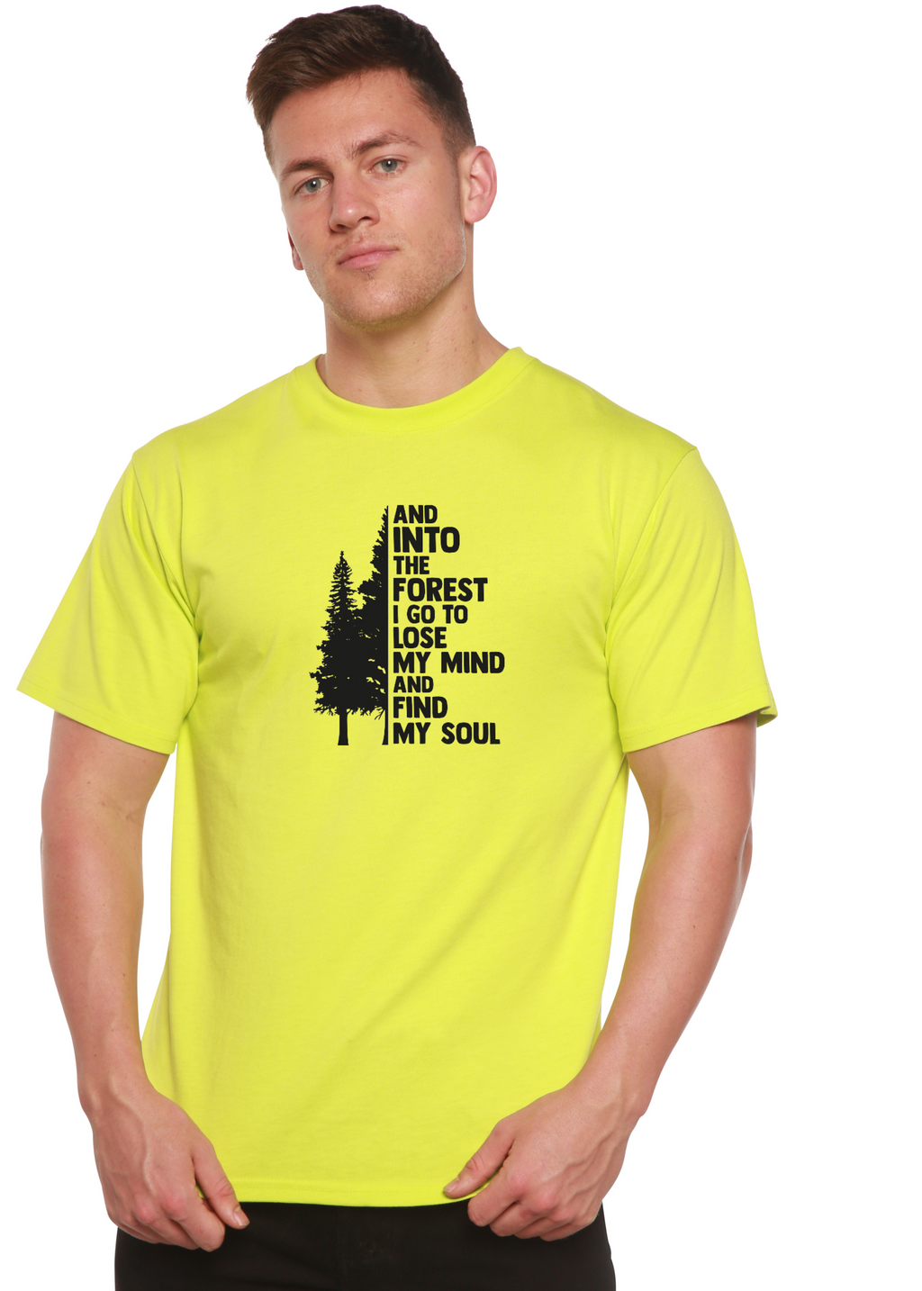 Spun Bamboo And Into The Forest I Go Men's Bamboo Viscose/Organic Cotton Short Sleeve Graphic T-Shirt — detail close-up