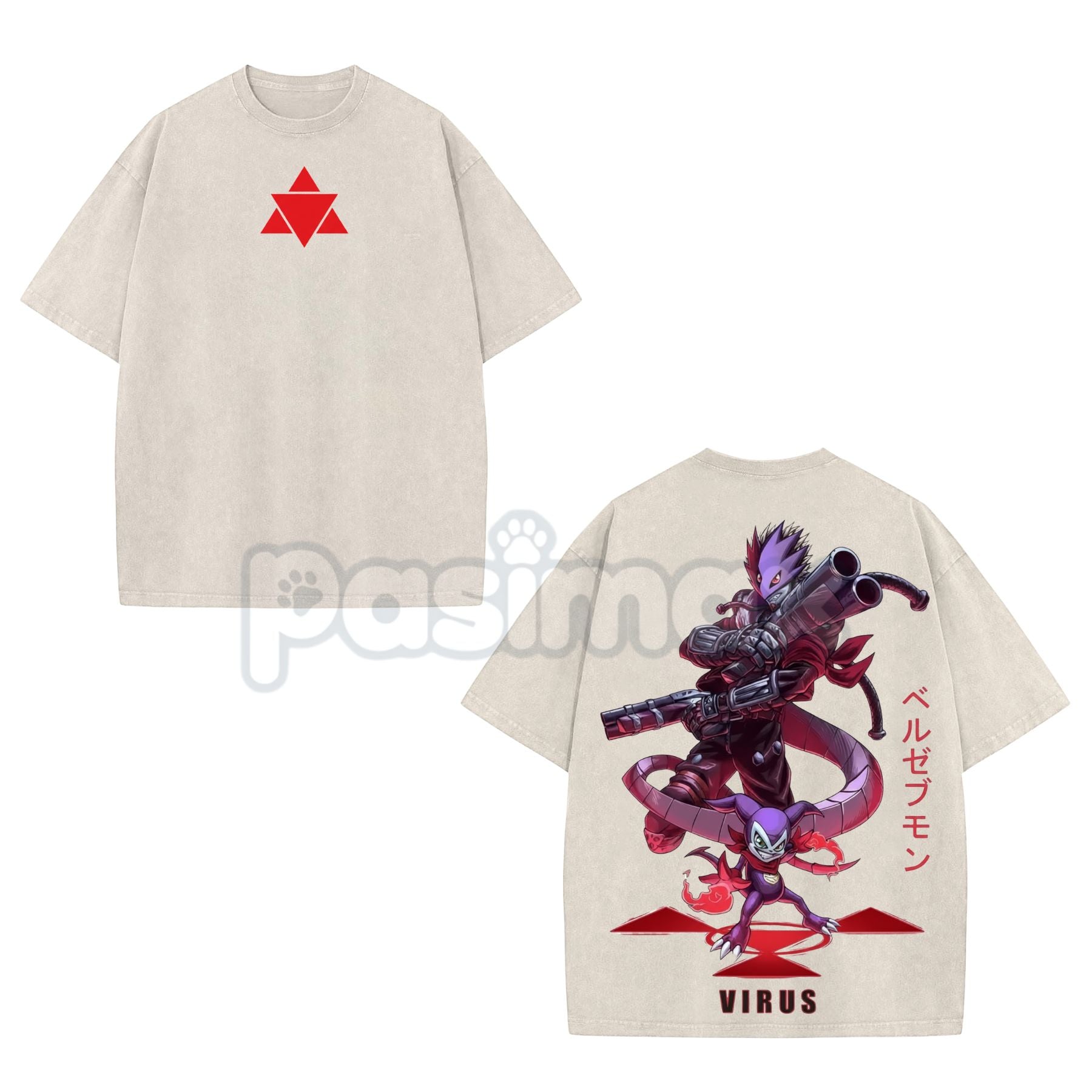 Pasimax Beelzemon x Impmon T-Shirt – Digimon Vintage Washed Oversized Heavy Cotton Anime Tee — detail close-up