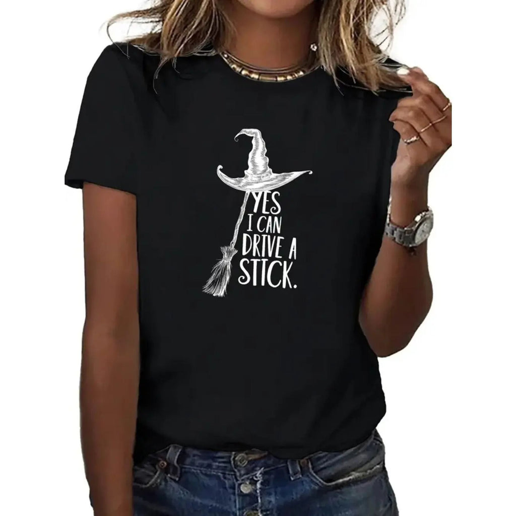 Pasimax "Yes I Can Drive a Stick" Witch T-Shirt — detail close-up