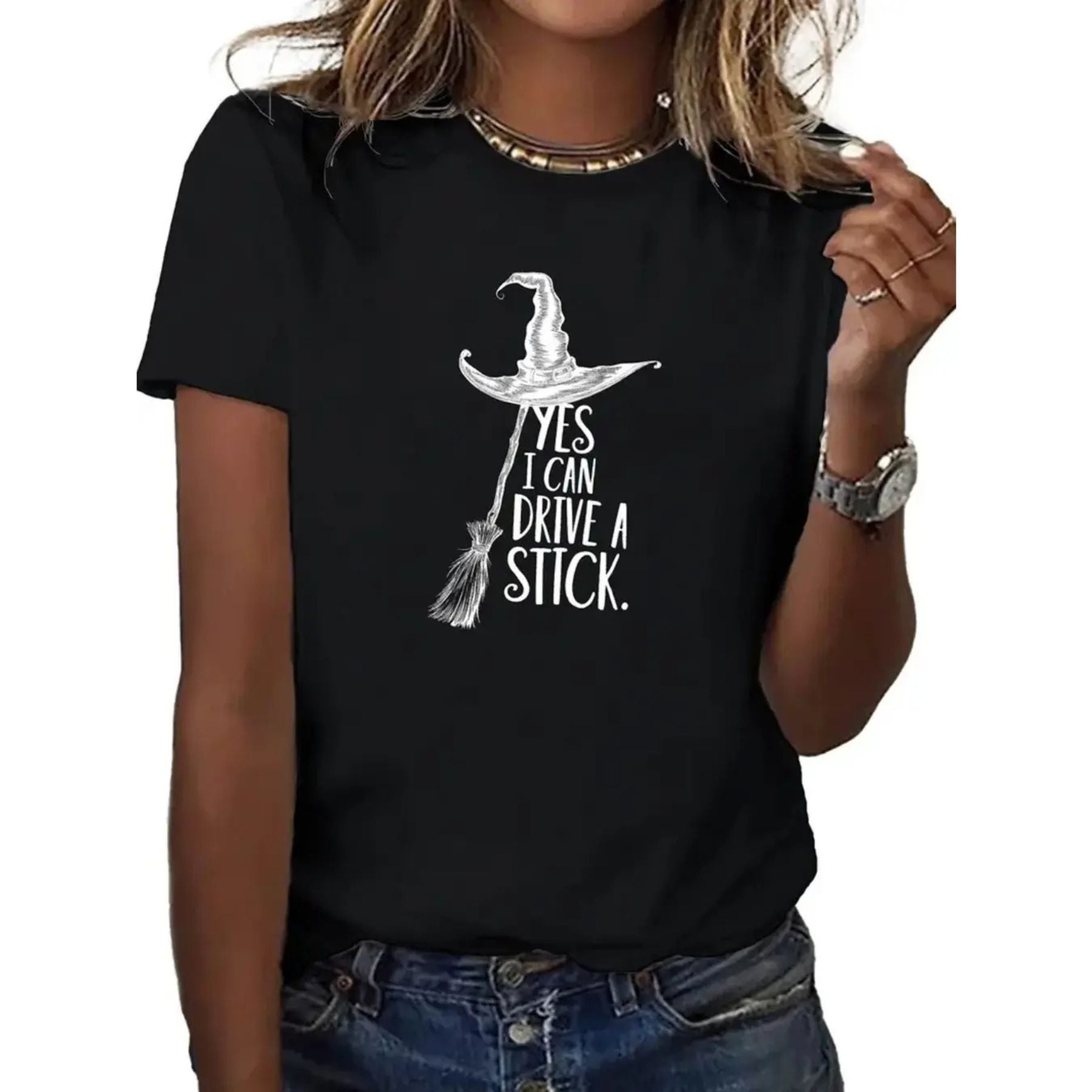 Pasimax "Yes I Can Drive a Stick" Witch T-Shirt — detail close-up