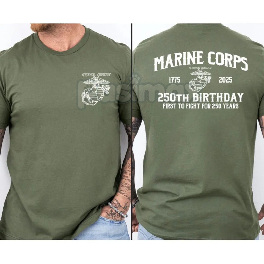 Pasimax Marines 250th Birthday T-Shirt - First To Fight Anniversary Tee, USMC Two-Sided Graphic Shirt, Commemorative Veteran 