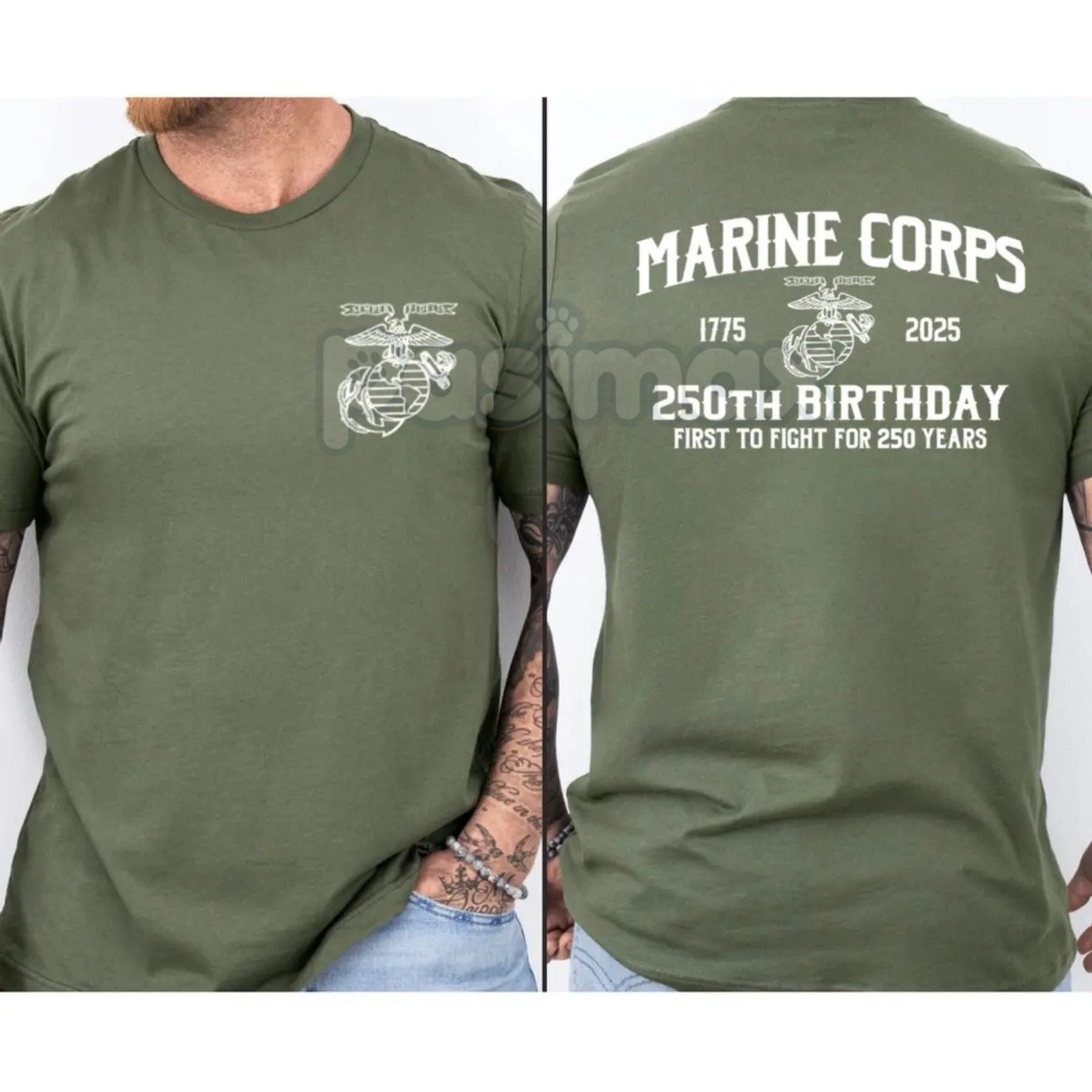 Pasimax Marines 250th Birthday T-Shirt - First To Fight Anniversary Tee, USMC Two-Sided Graphic Shirt, Commemorative Veteran 